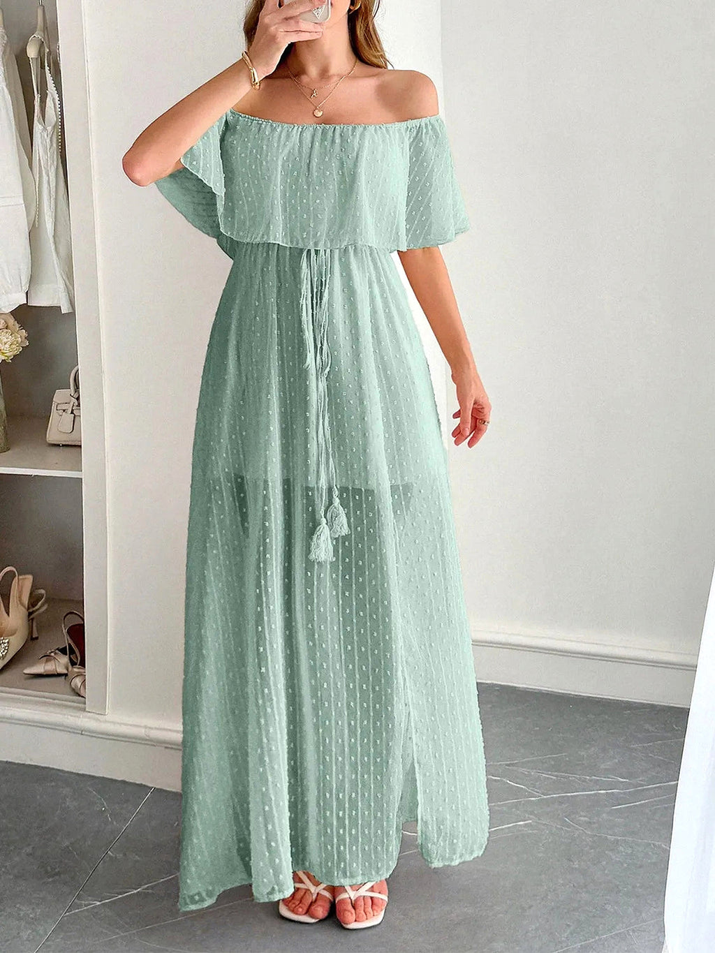 Swiss Dot Off Shoulder Maxi Dress - enhanced image 10