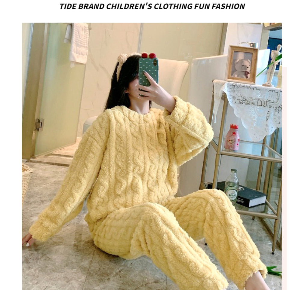 Thick Fleece Pajamas Women's Thermal Round-neck Flannel Homewear Suit - enhanced image 10
