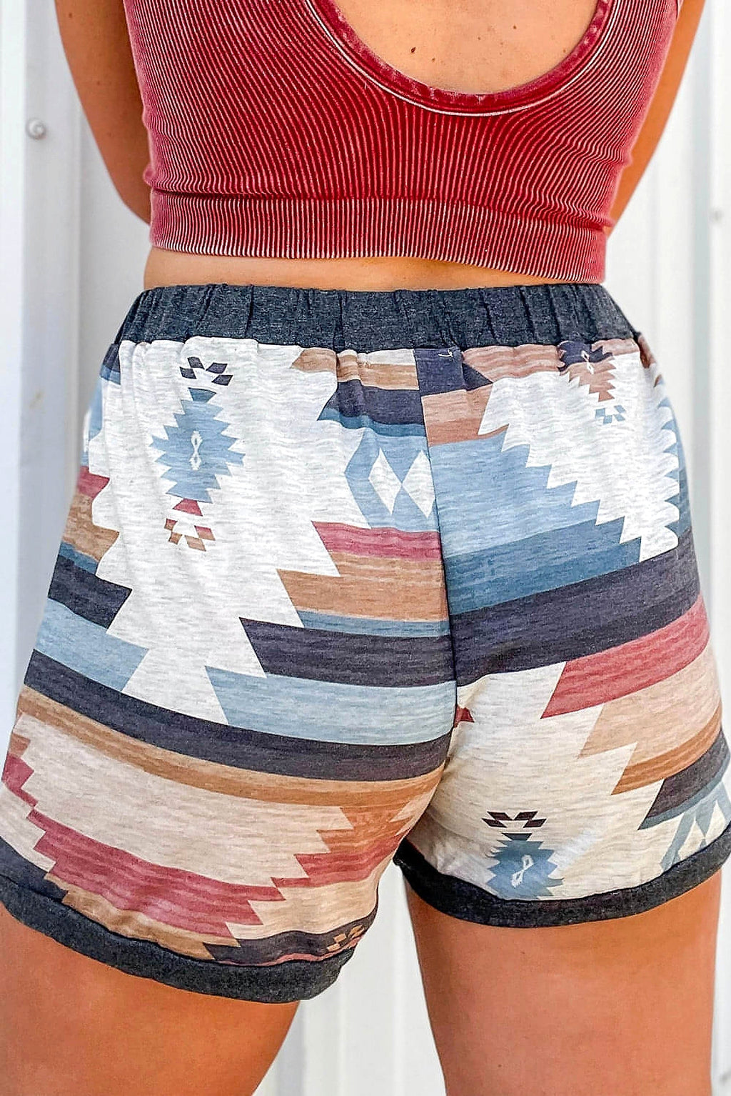 White Aztec Print Drawstring Waist Casual Shorts - enhanced image 10