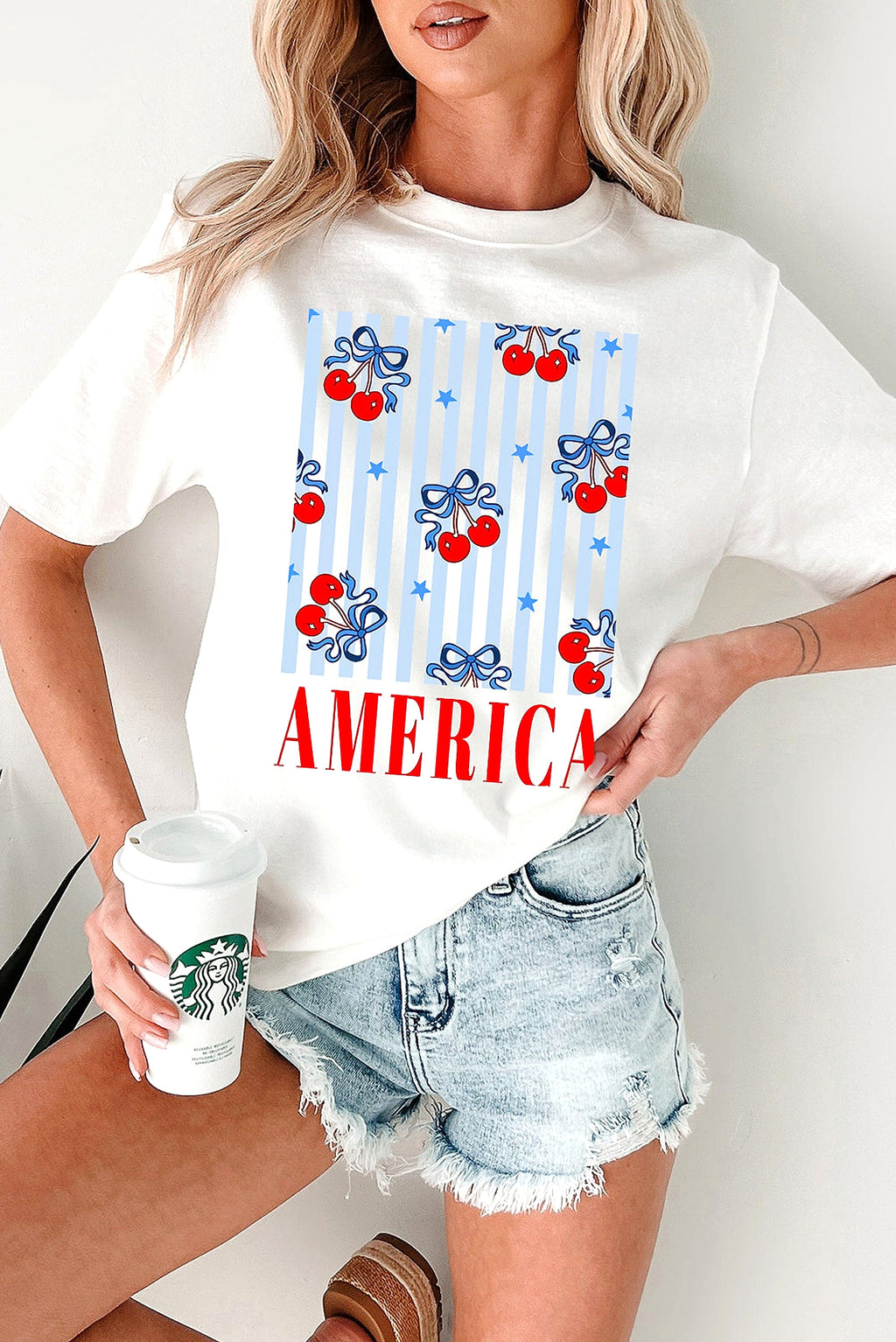 White Bow Cherry AMERICA Graphic Crewneck Patriotic T Shirt - enhanced image 10