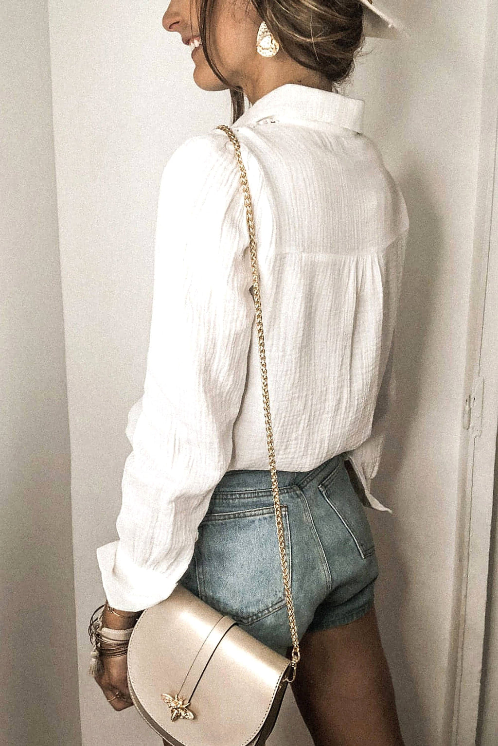 White Floral Lace Hollow-out Splicing Crinkled Shirt - enhanced image 10