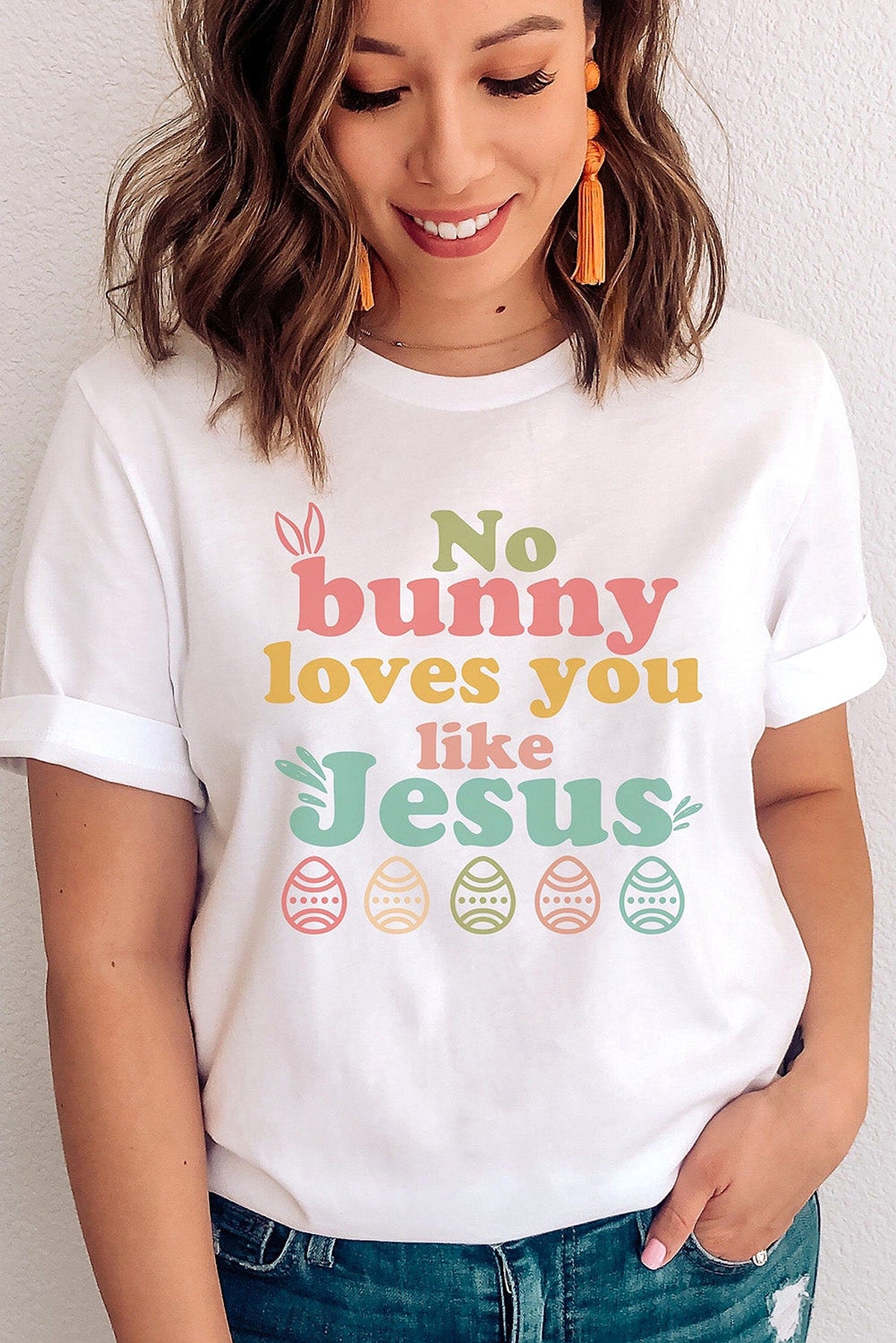 White No bunny loves you like Jesus Graphic Easter Day T-shirt - enhanced image 10