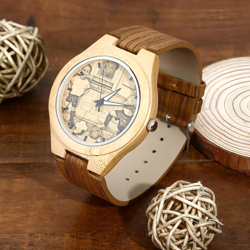 Engraved Bamboo Photo Watch Wooden Leather Strap 40mm - enhanced image 10
