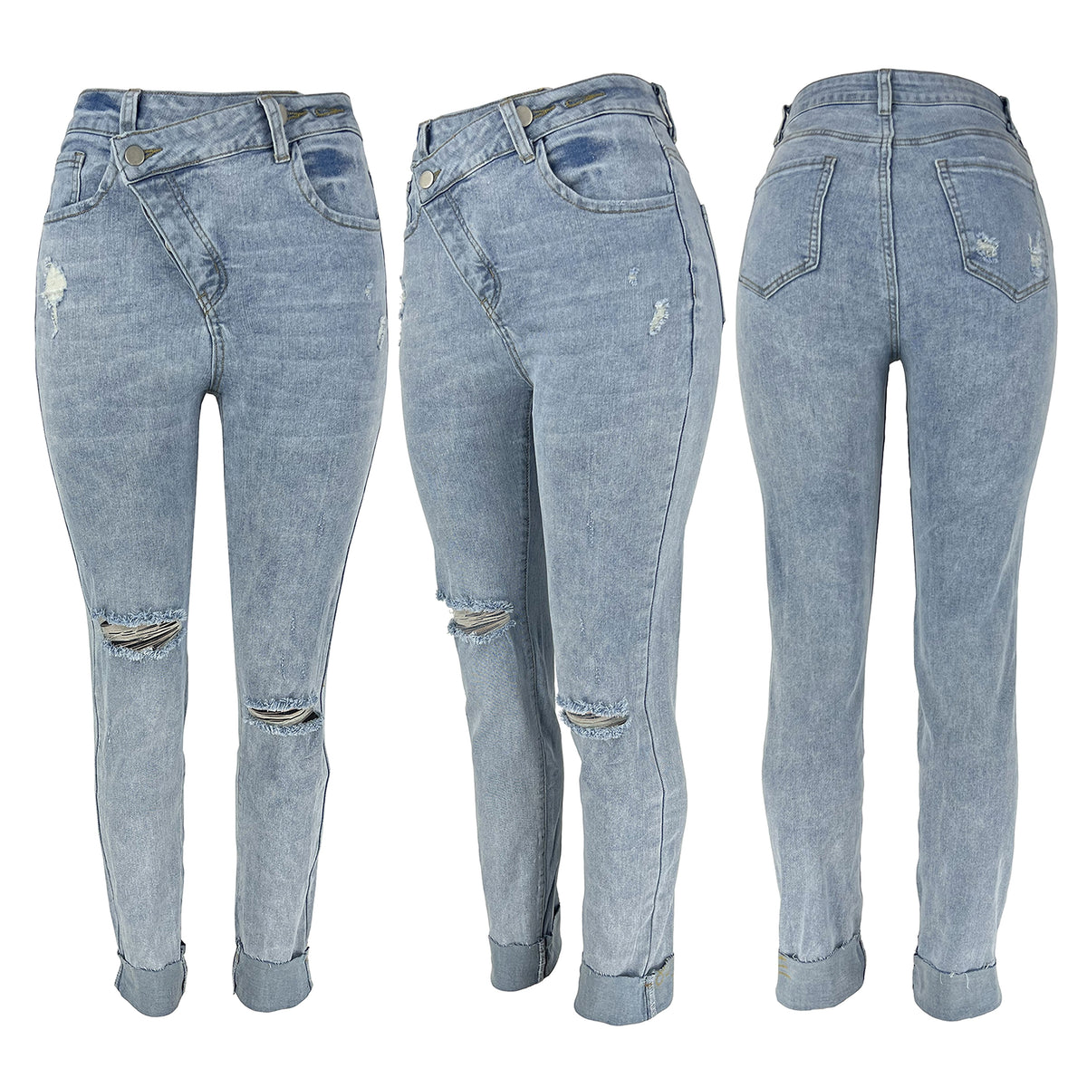 Women's Ripped Diagonal Buckle Stretch Jeans - enhanced image 10
