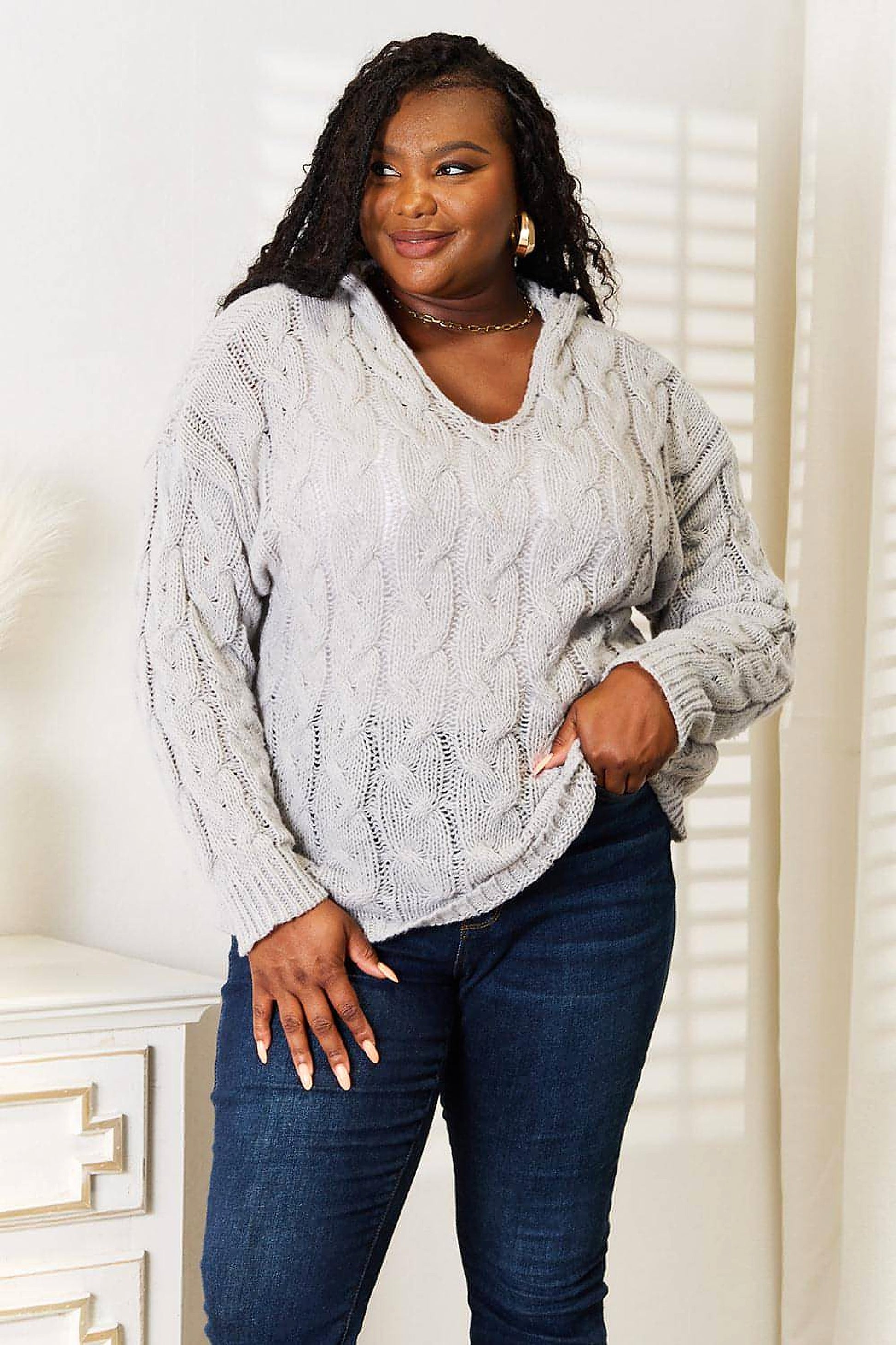 Woven Right Cable-Knit Hooded Sweater. - enhanced image 10
