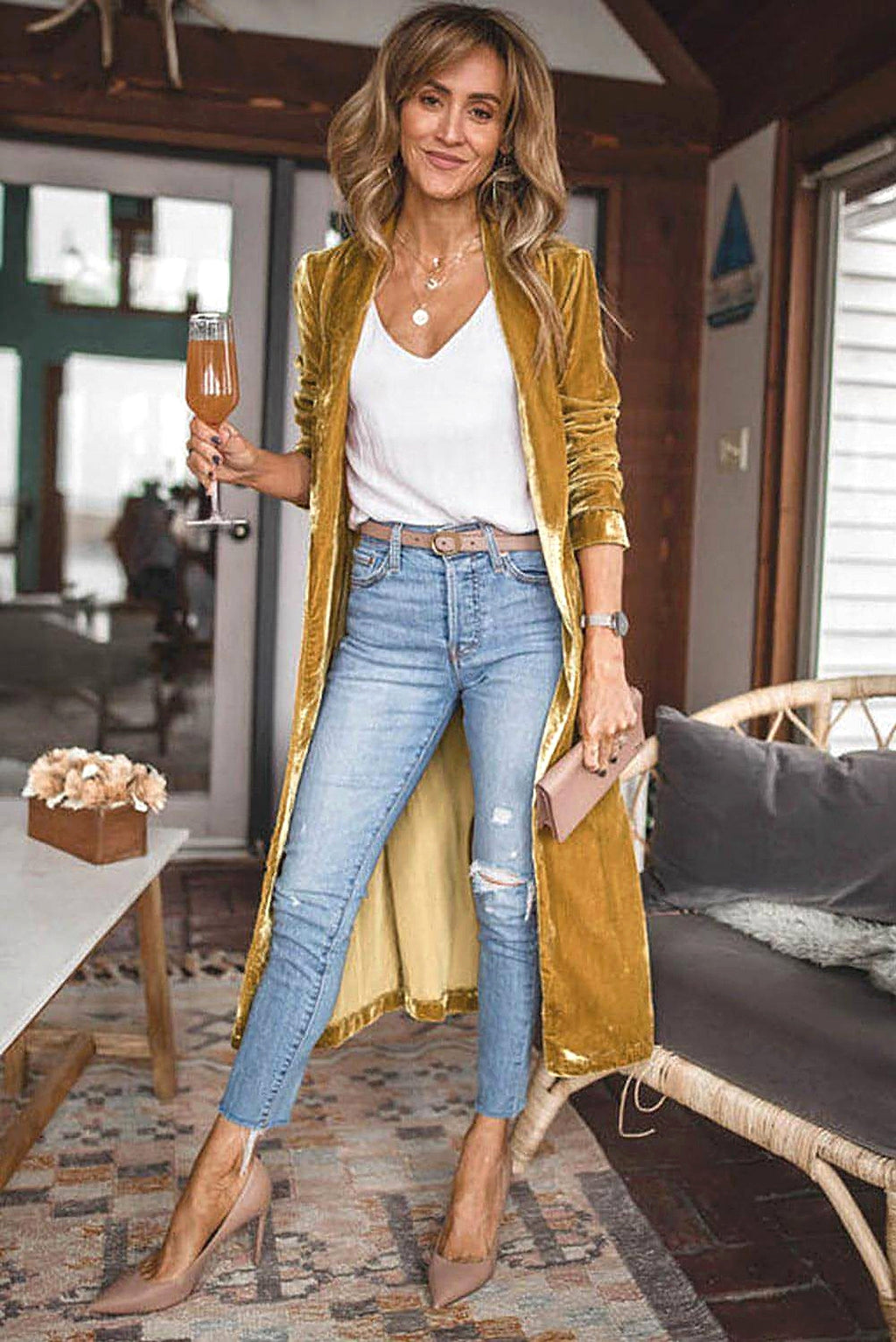 Yellow Velvet Open Front Pocketed Long Duster - enhanced image 10