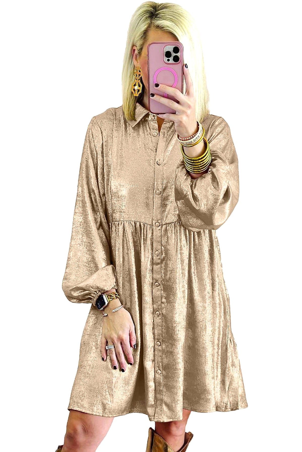 Apricot Metallic Sheen Puff Sleeve Button Up Mini Shirt Dress - enhanced image 11