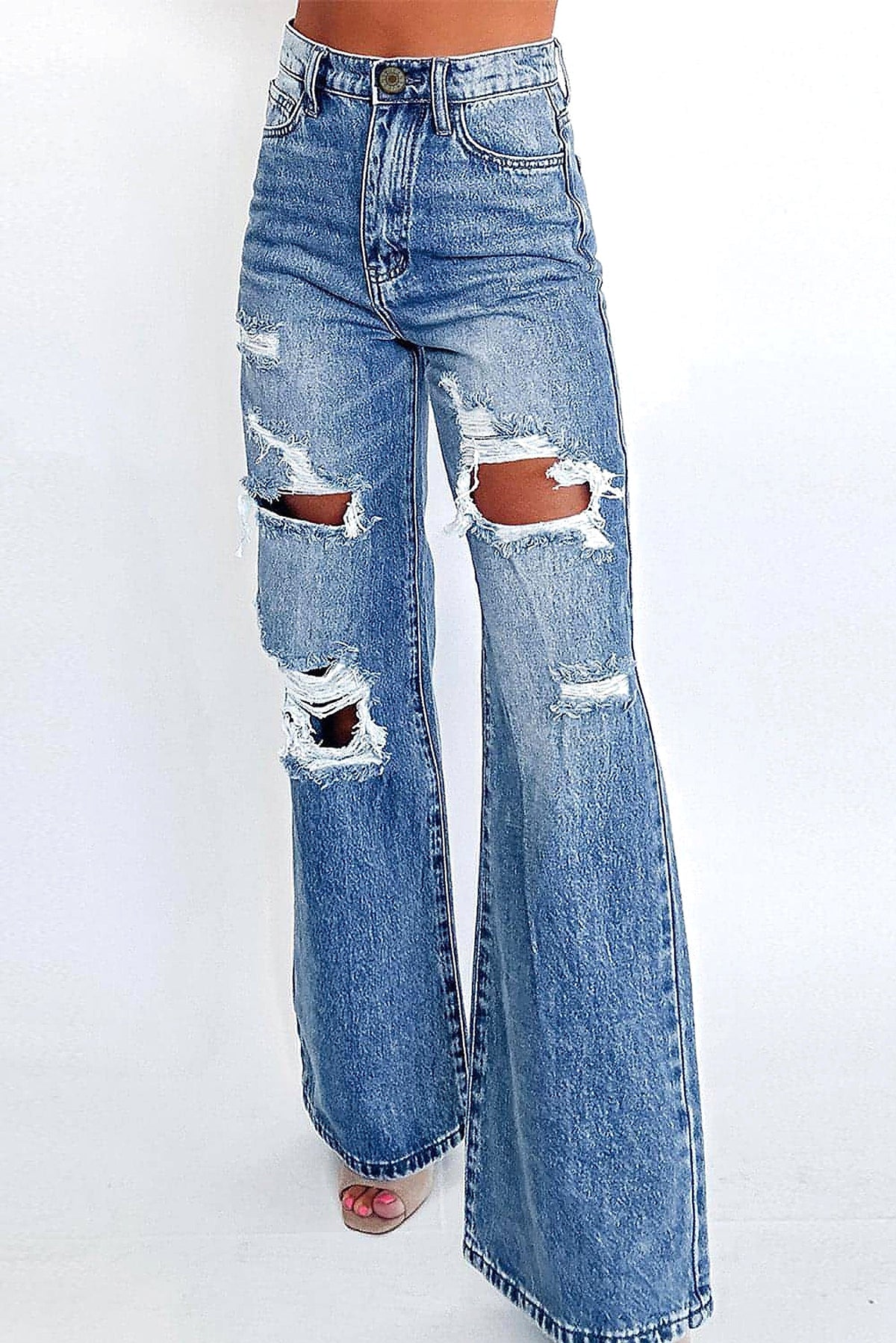 Ashleigh Blue Acid Wash Distressed Wide Leg High Waist Jeans - enhanced image 11