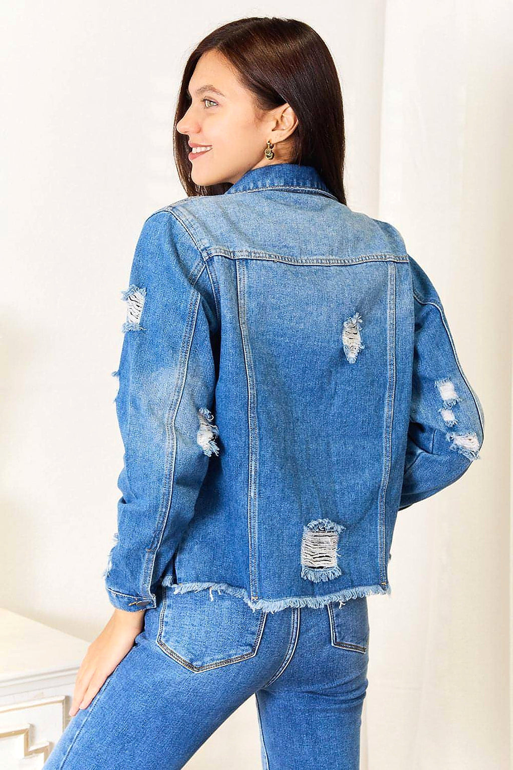 Baeful Leopard Floral Distressed Raw Hem Denim Jacket - enhanced image 11