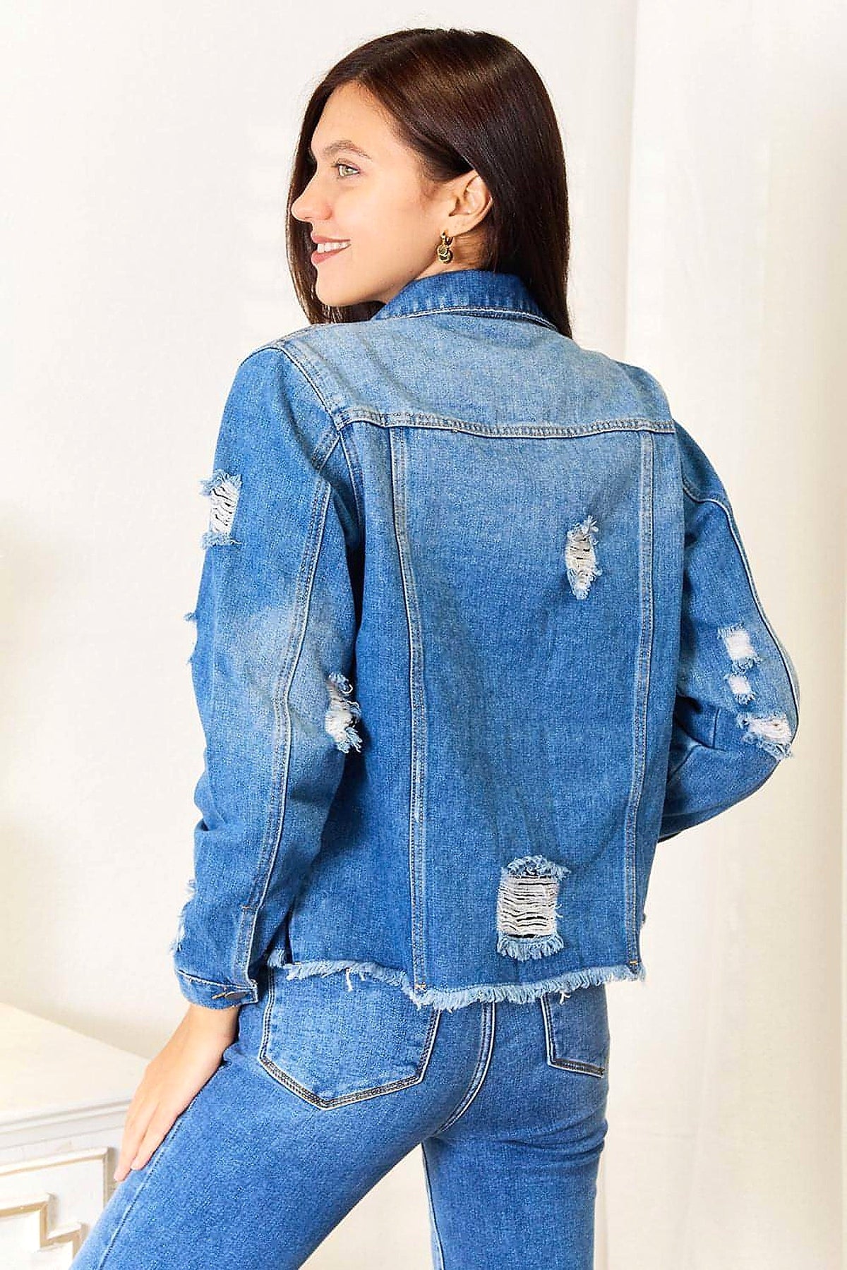 Baeful Leopard Floral Distressed Raw Hem Denim Jacket - enhanced image 11
