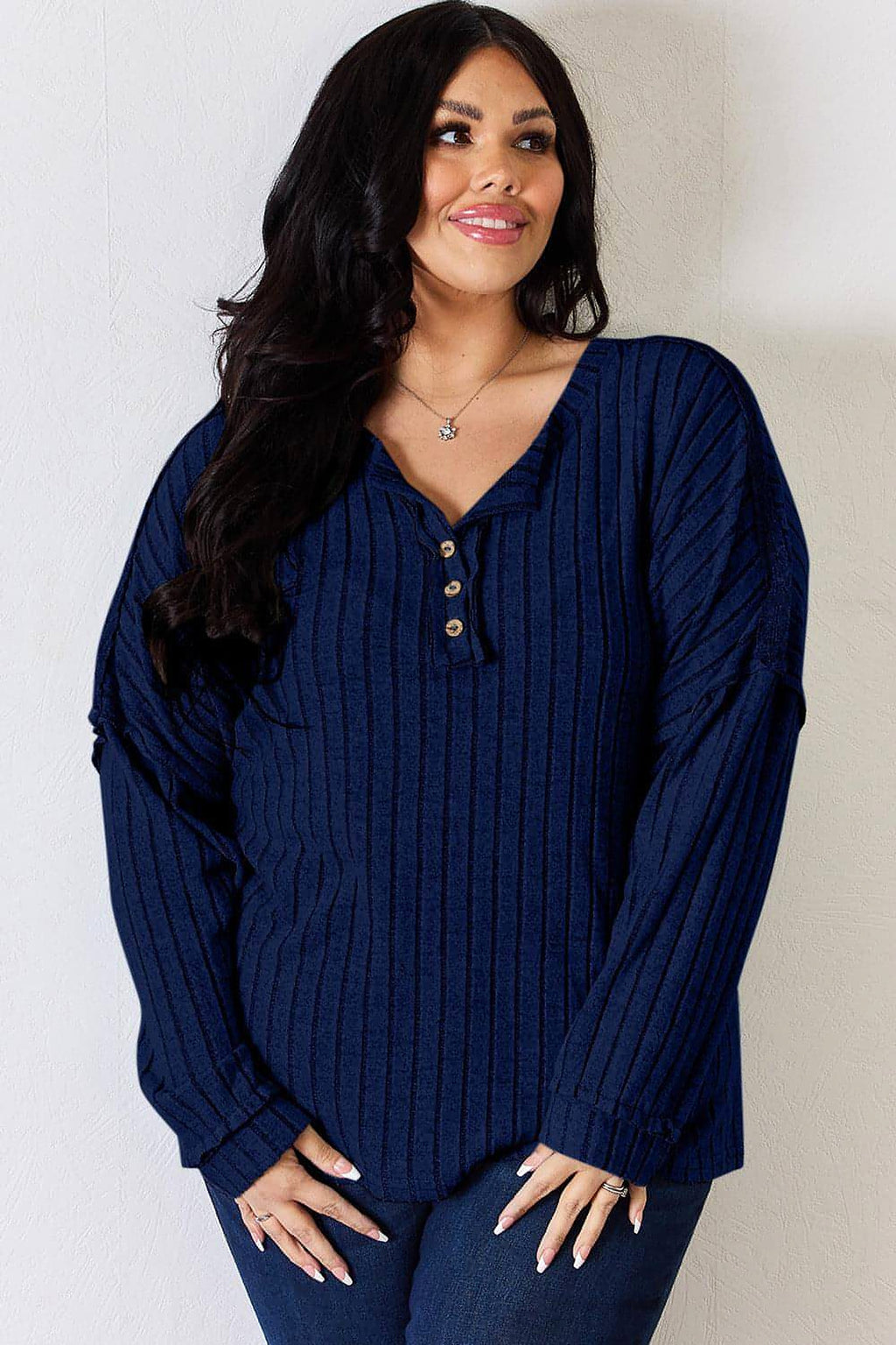 Basic Bae Full Size Ribbed Half Button Long Sleeve T-Shirt - enhanced image 11