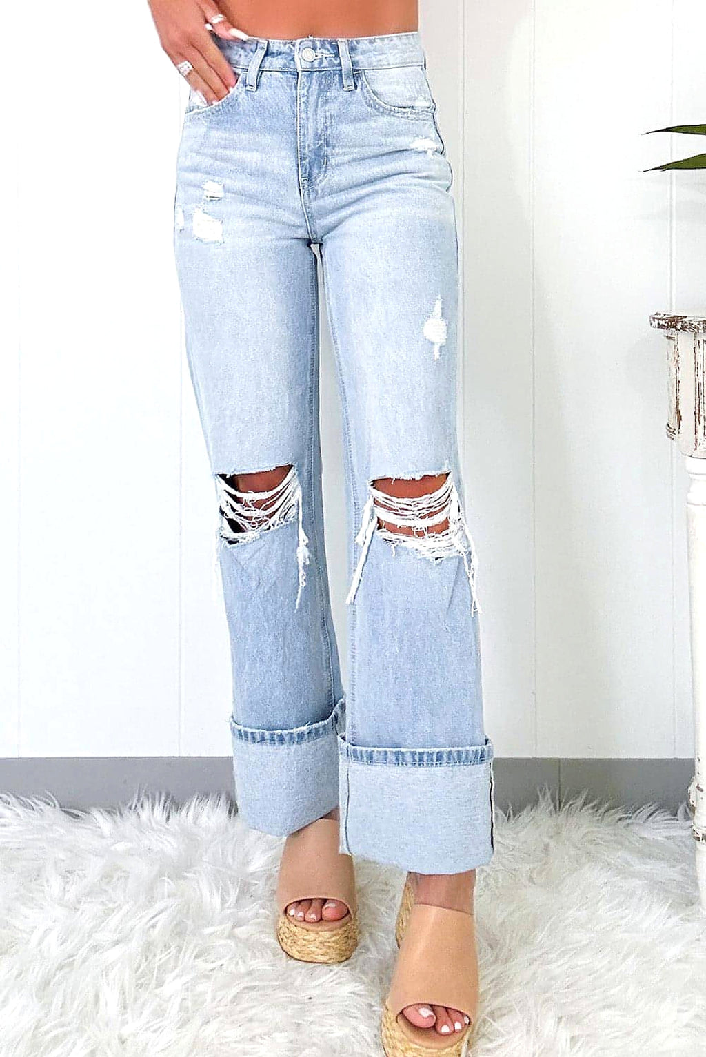Beau Blue Light Wash Distressed Flare Jeans - enhanced image 11