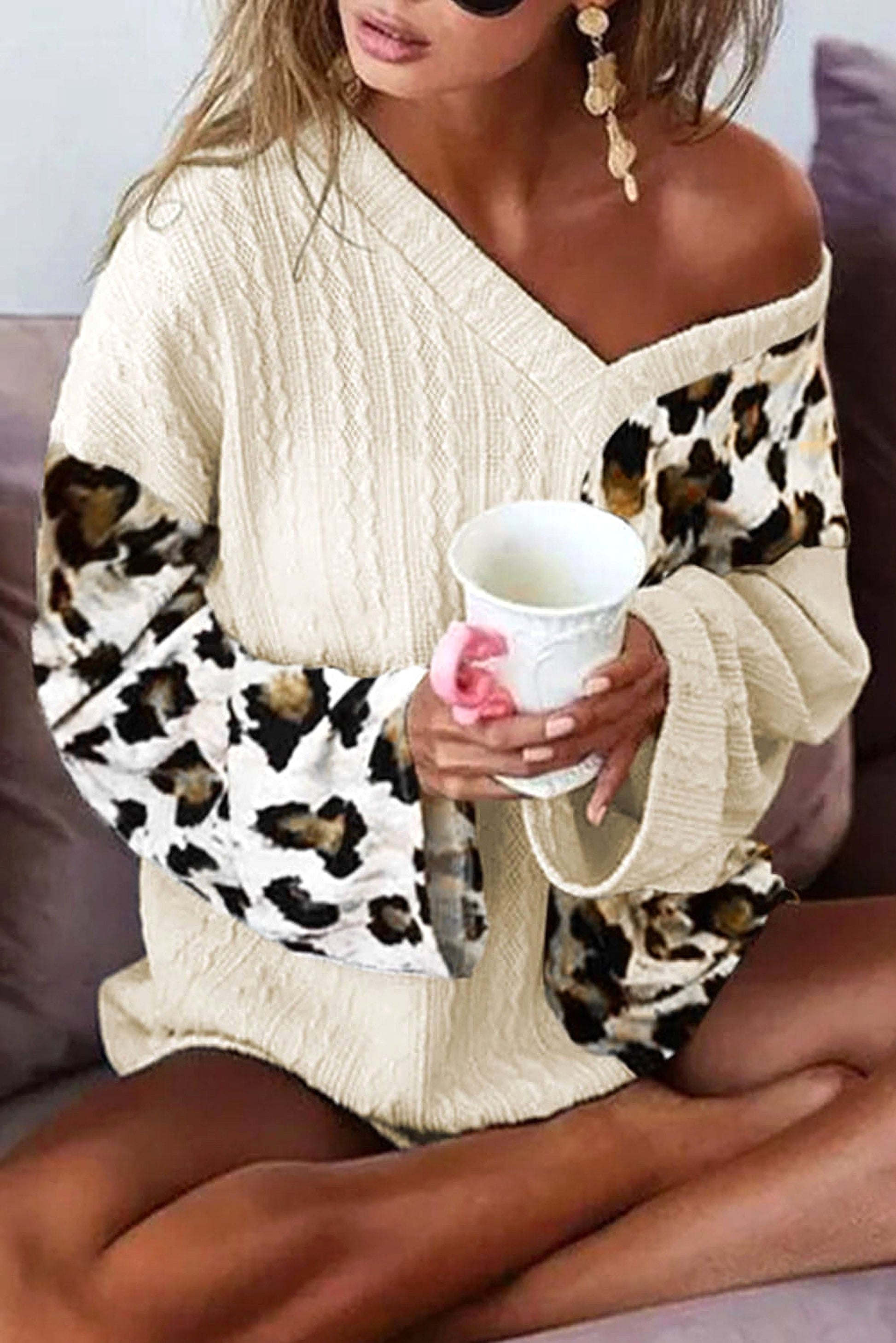 Beige Asymmetric Leopard Patchwork Wide Sleeve V Neck Sweater - enhanced image 11