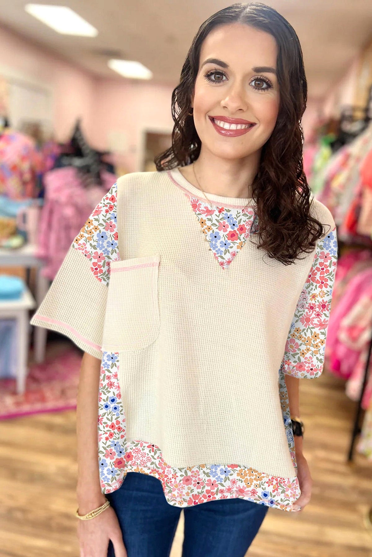 Beige Floral Patchwork Chest Pocket Wide Sleeve Waffle T Shirt - enhanced image 11