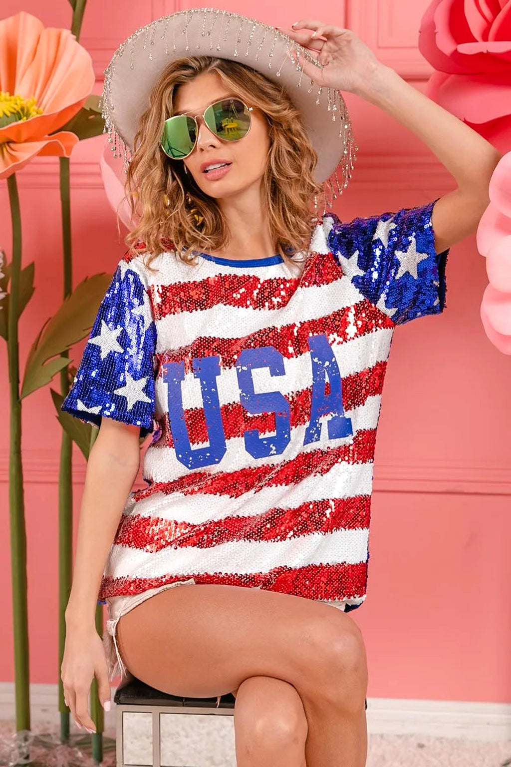 BiBi American Flag Theme USA Lettering Sequin Top - enhanced image 11