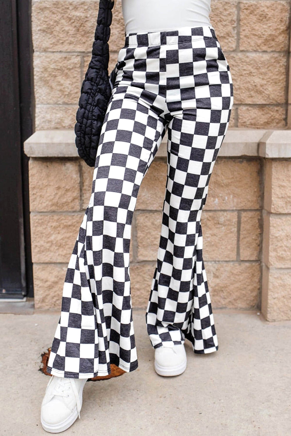 Black Checkerboard High Rise Casual Flared Pants - enhanced image 11