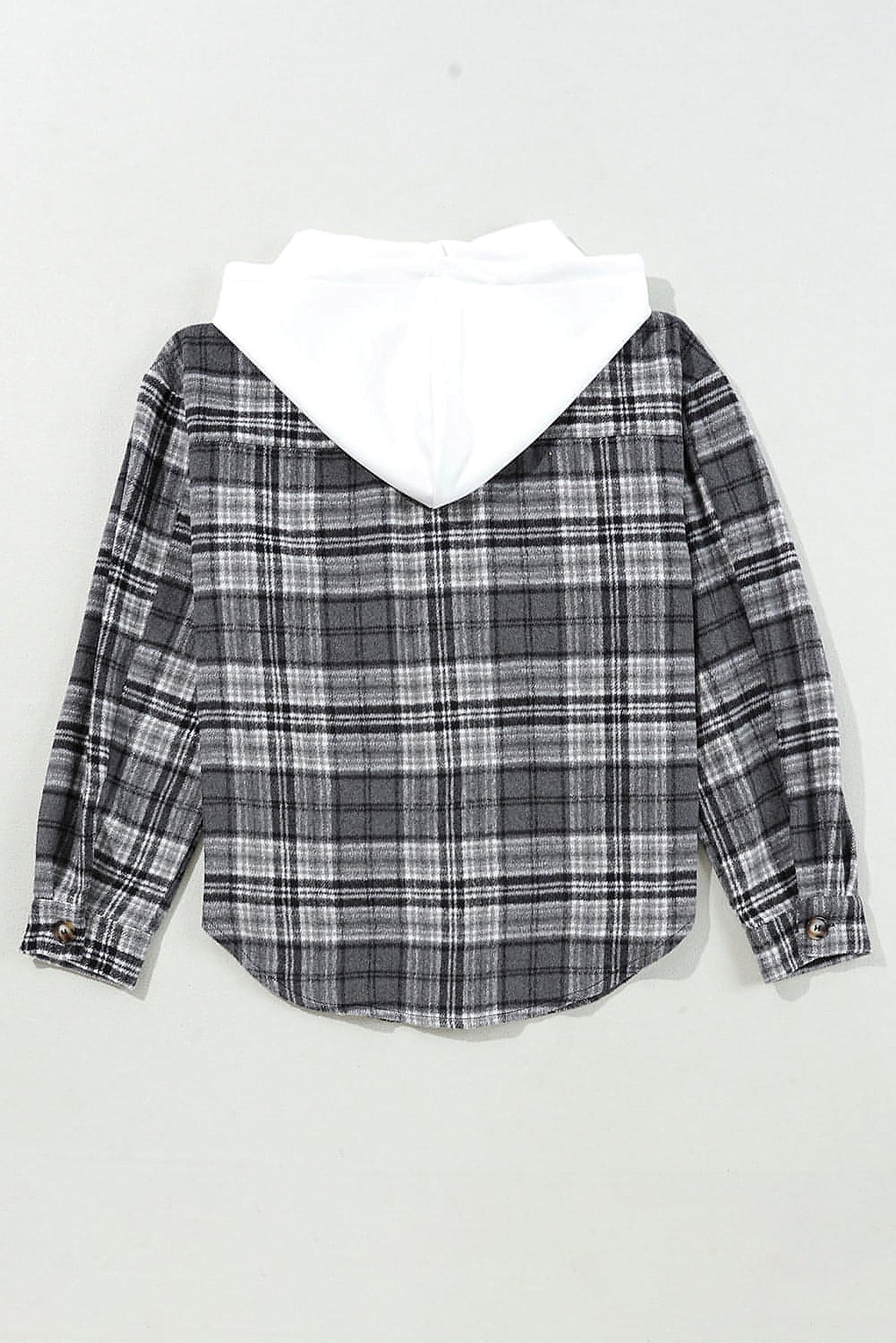 Black Plaid Print Flap Pockets Contrast Hooded Loose Shacket. - enhanced image 11