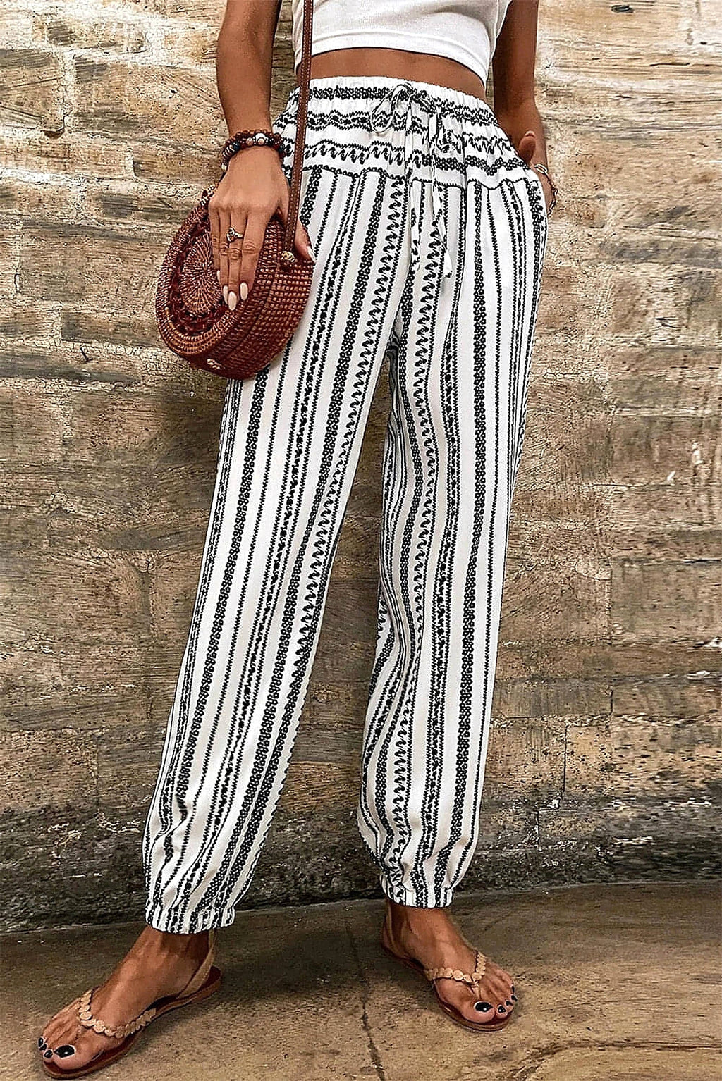 Black Stripe Boho Striped Print Casual Pants - enhanced image 11