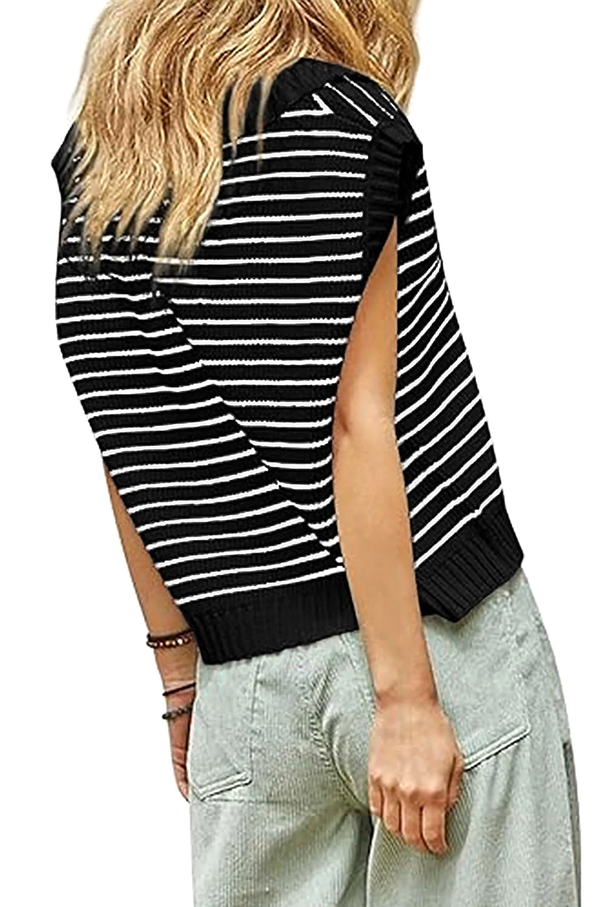 Black Stripe Turn-down V Neck Sweater Tank Top - enhanced image 11