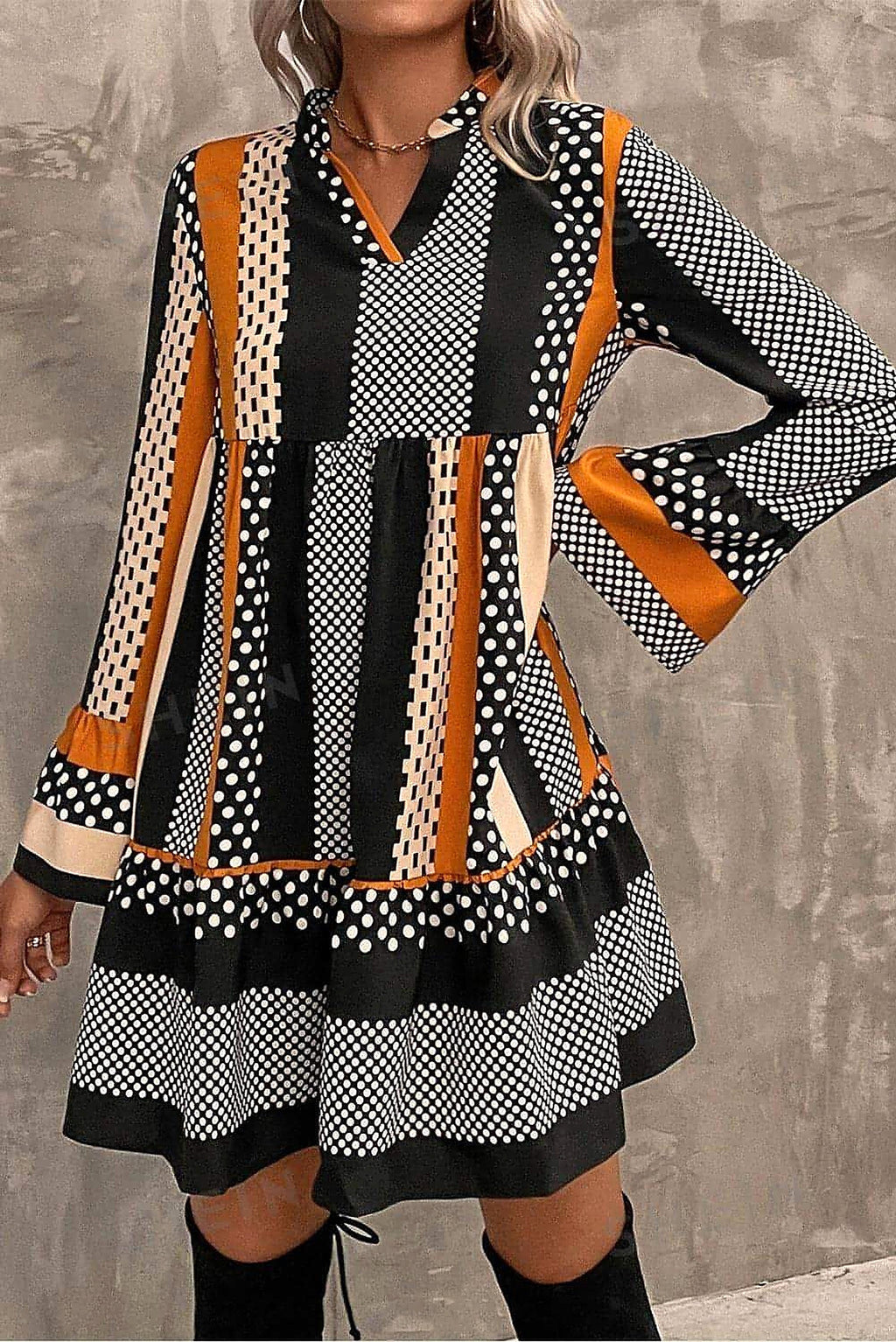 Black Striped Polka Dot Print Ruffled Hem V Neck Mini Dress - enhanced image 11