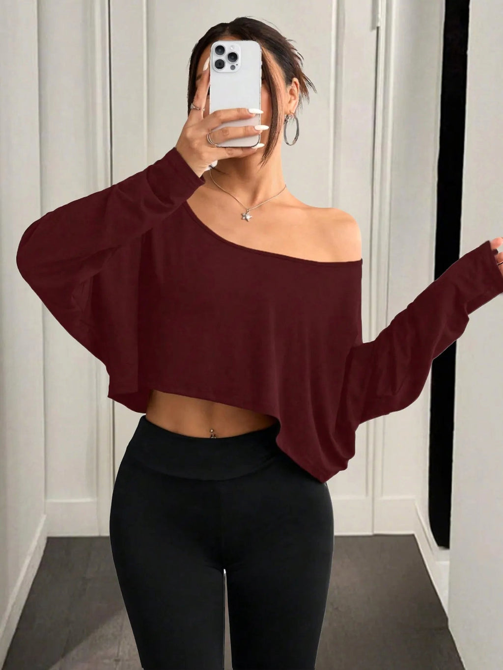 Boat Neck Long Sleeve Crop Top - enhanced image 11
