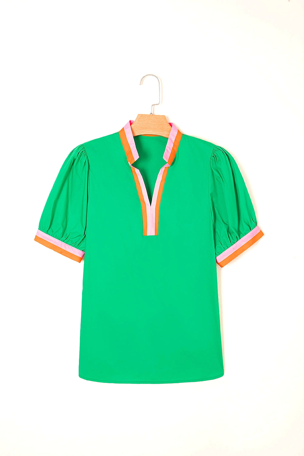 Bright Green Contrast Striped V Neck Collision Short Puff Sleeve Blouse - enhanced image 11