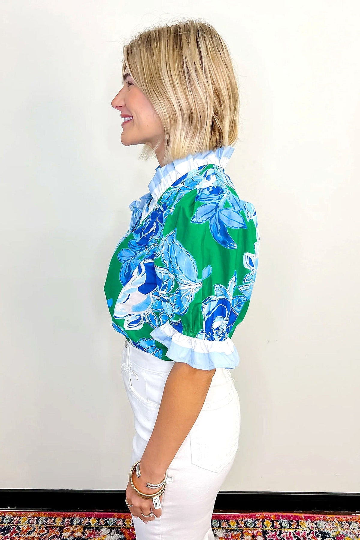 Bright Green Floral Frilled V Neck Short Sleeve Blouse Top - enhanced image 11
