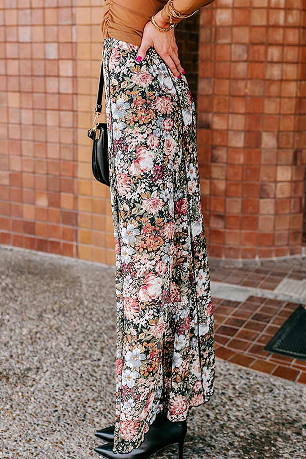 Brown Floral Print High Waist Maxi Skirt - enhanced image 11
