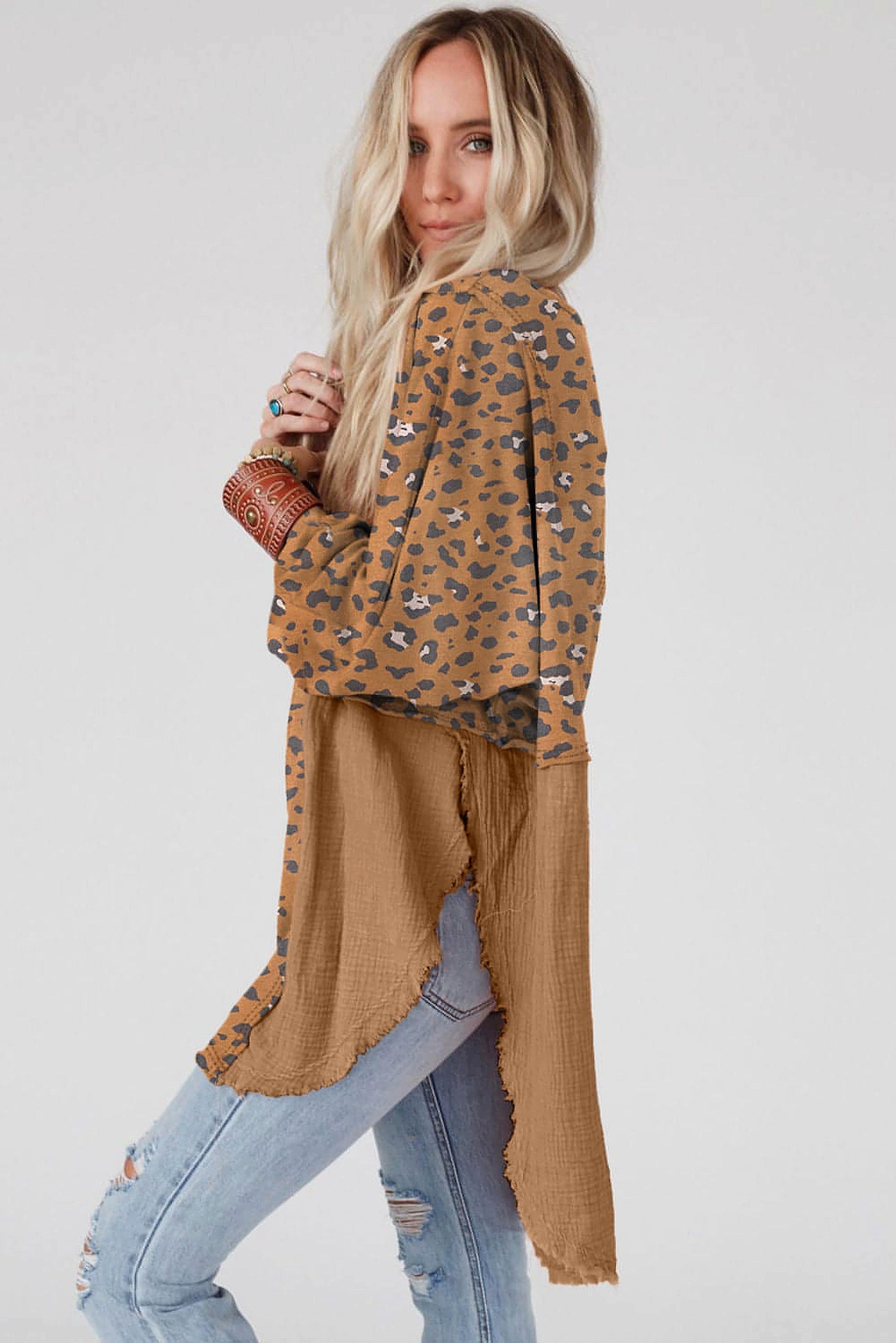 Brown Printed Raw Edge Leopard Patchwork Oversized Blouse - enhanced image 11