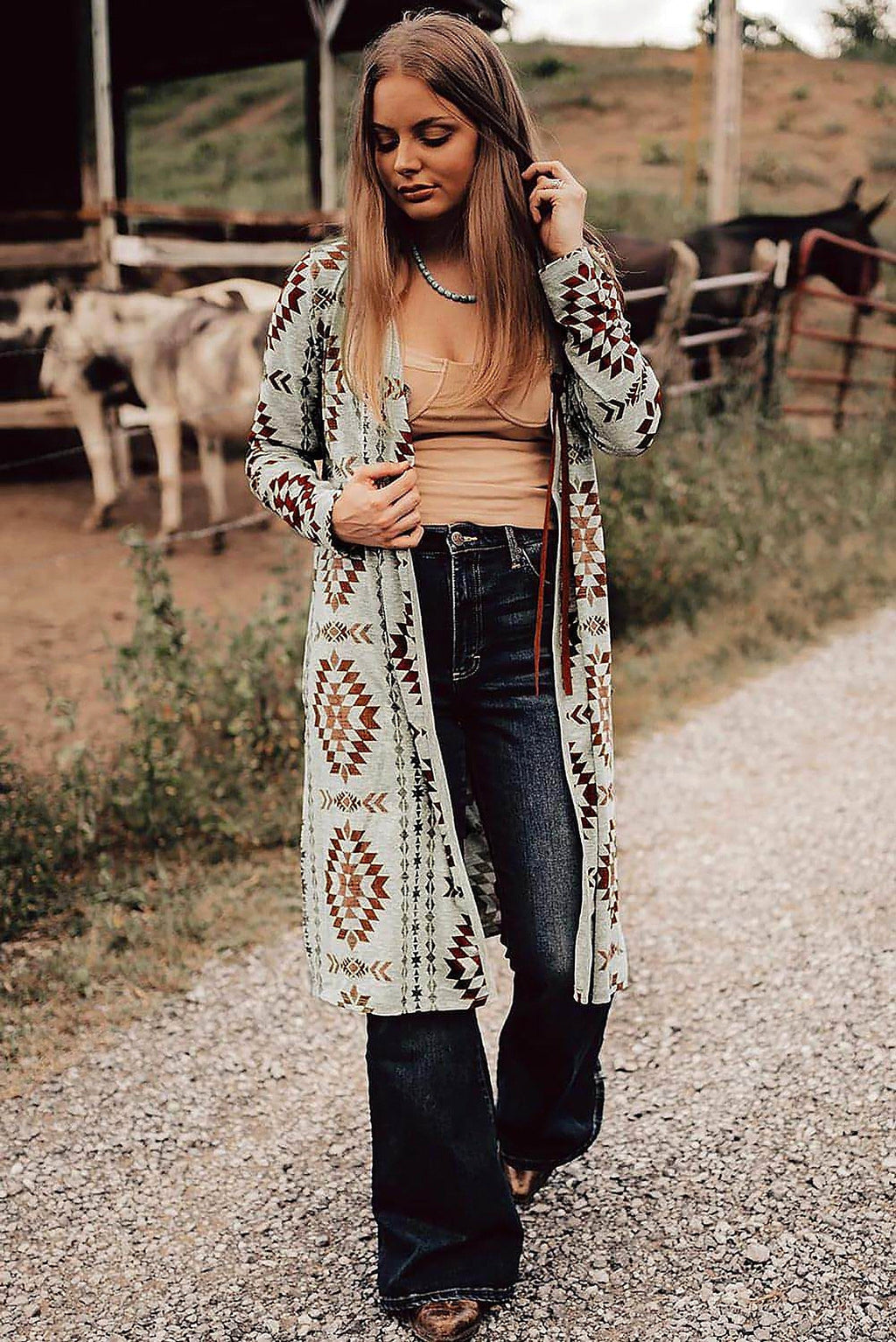 Brown Western Aztec Printed Open Front Long Cardigan - enhanced image 11