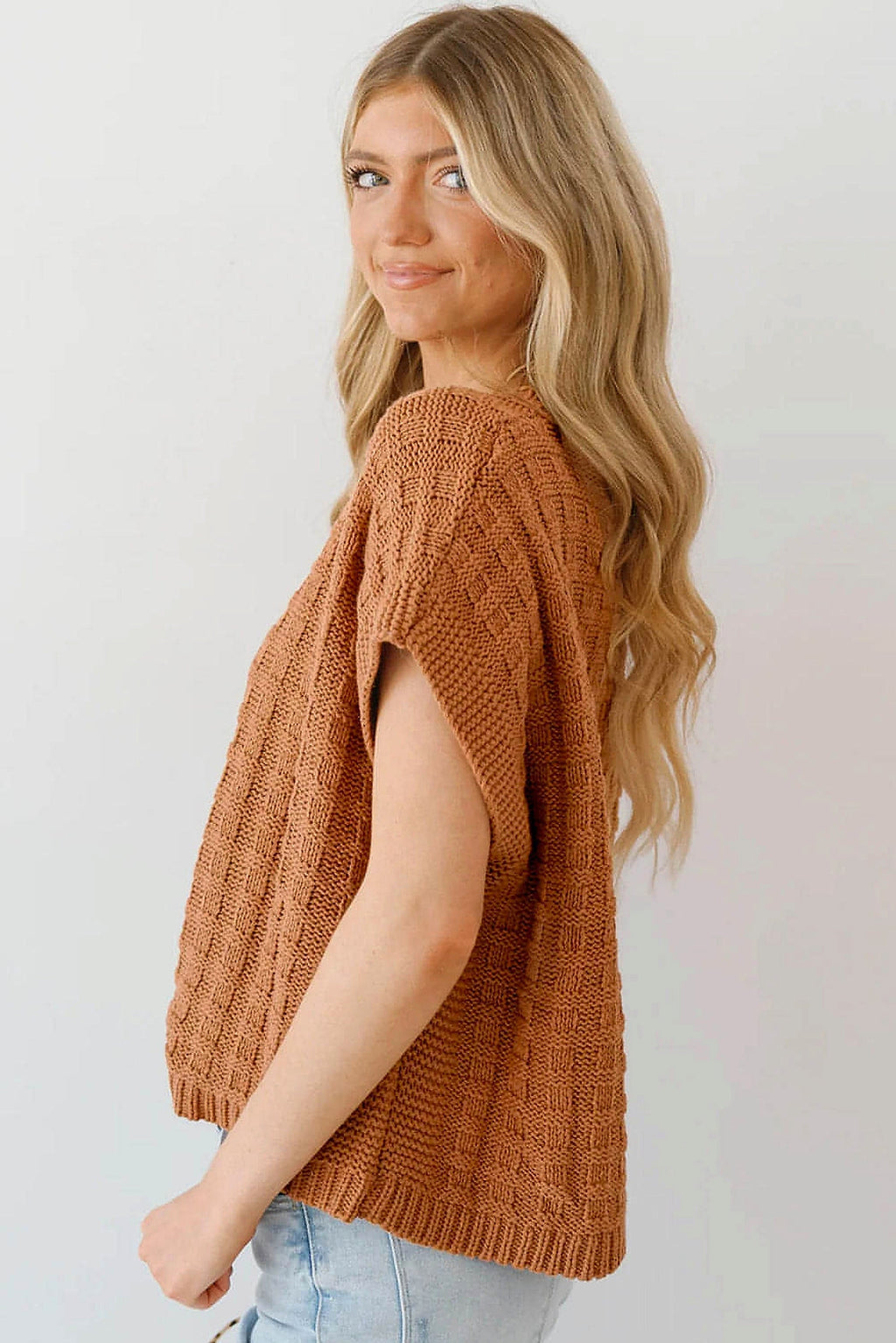 Camel Round Neck Textured Knit Sweater Vest - enhanced image 11