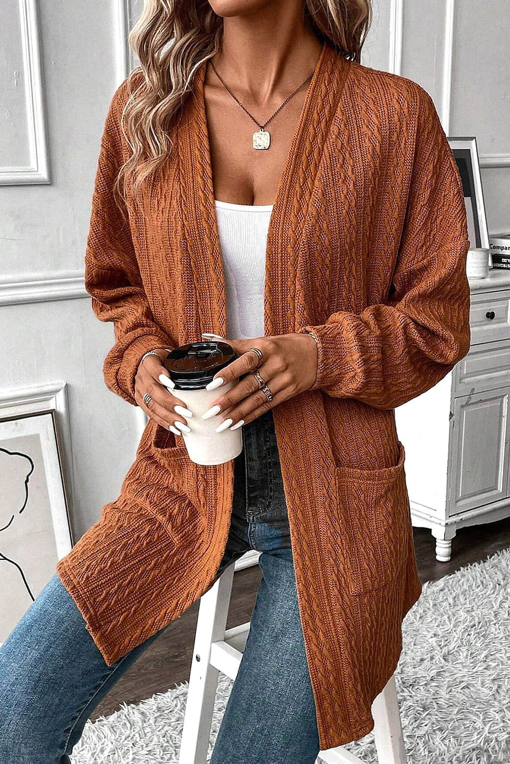Chestnut Textured Knit Side Pockets Open Front Cardigan - enhanced image 11