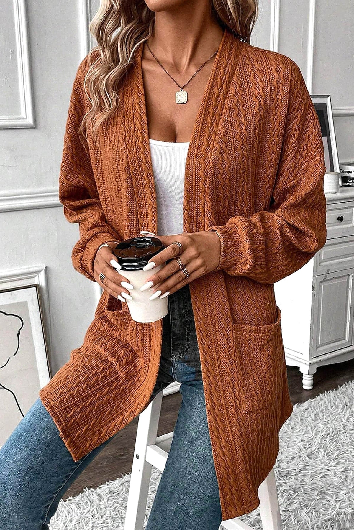 Chestnut Textured Knit Side Pockets Open Front Cardigan - enhanced image 11