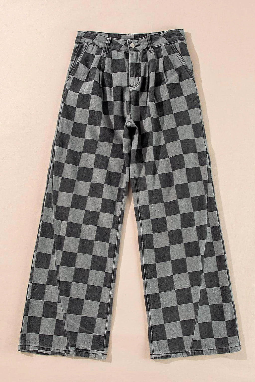 Dark Grey Checkered Denim Wide Leg Jeans - enhanced image 11