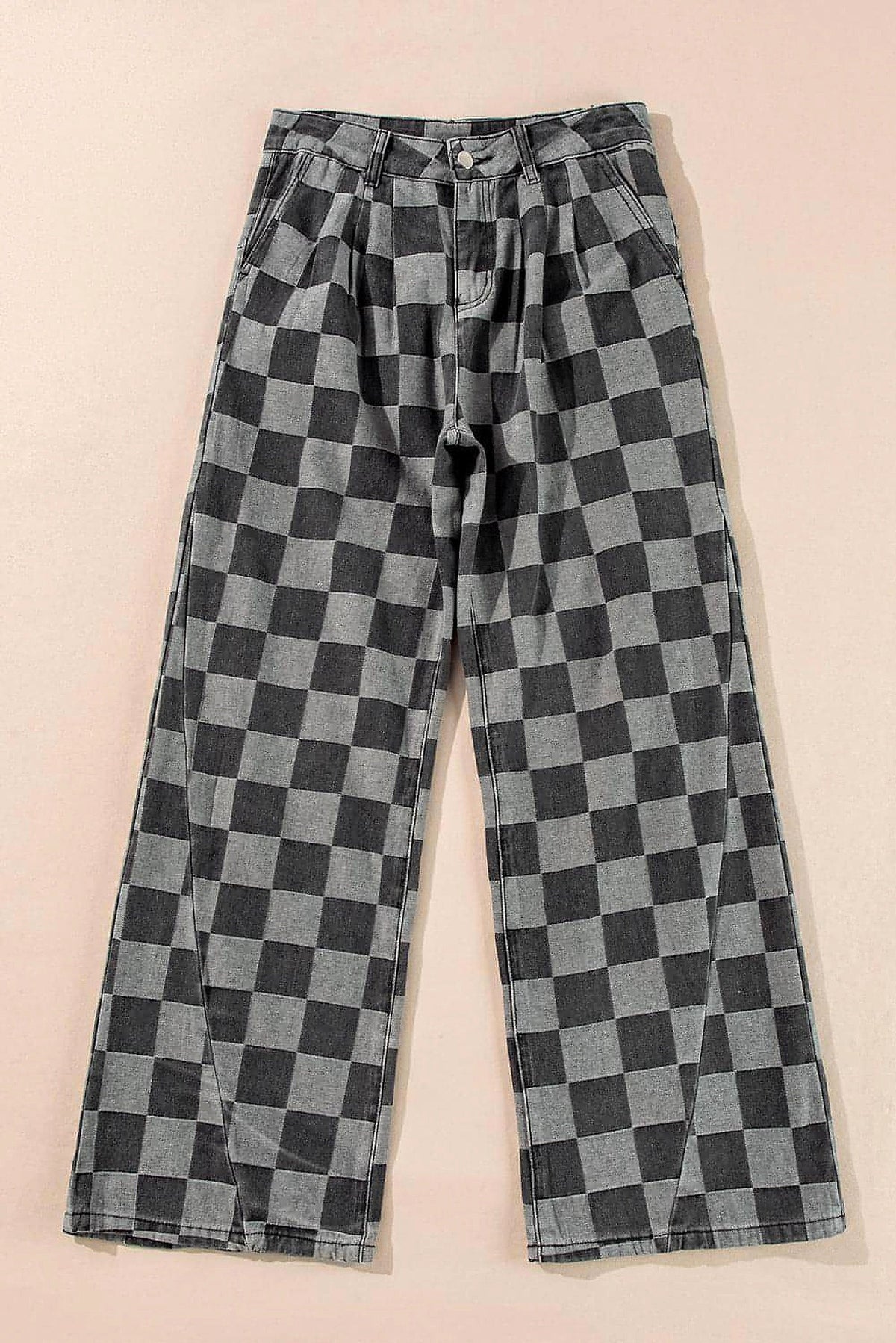 Dark Grey Checkered Denim Wide Leg Jeans - enhanced image 11