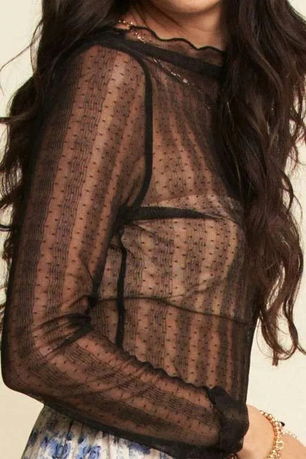 Davi & Dani Turtle Neck Lace Dotted Stretch Mesh Sheer Top - enhanced image 11
