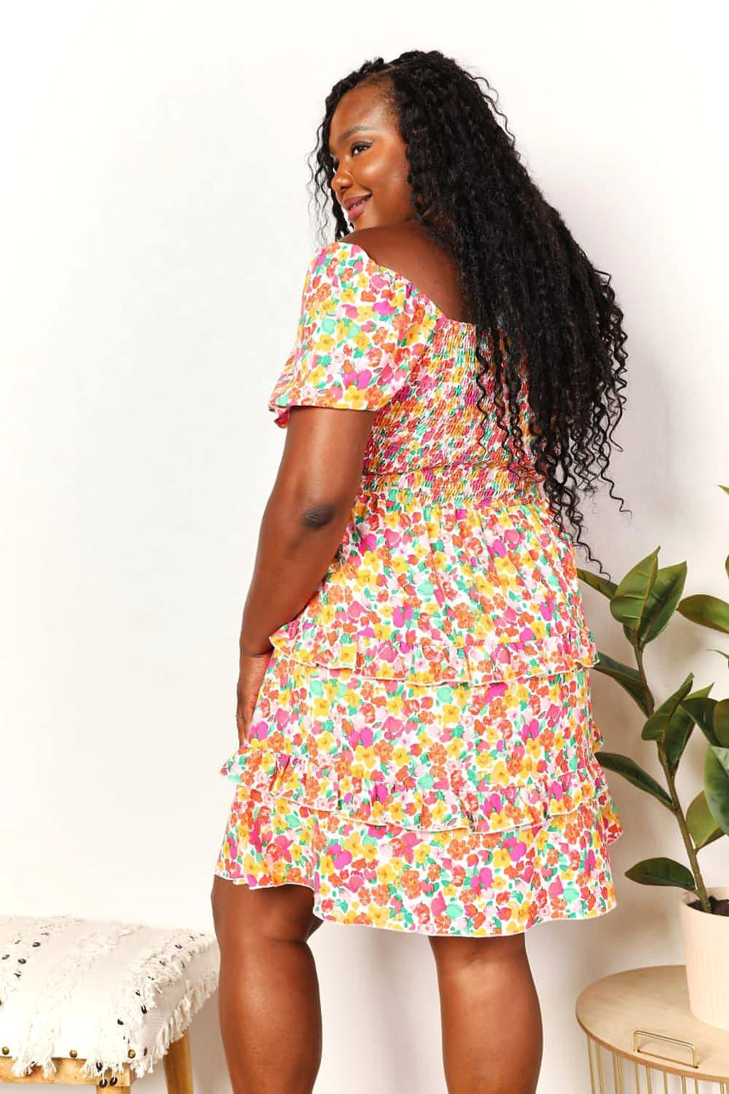 Devine Smocked Sweetheart Neck Flounce Sleeve Mini Dress - enhanced image 11