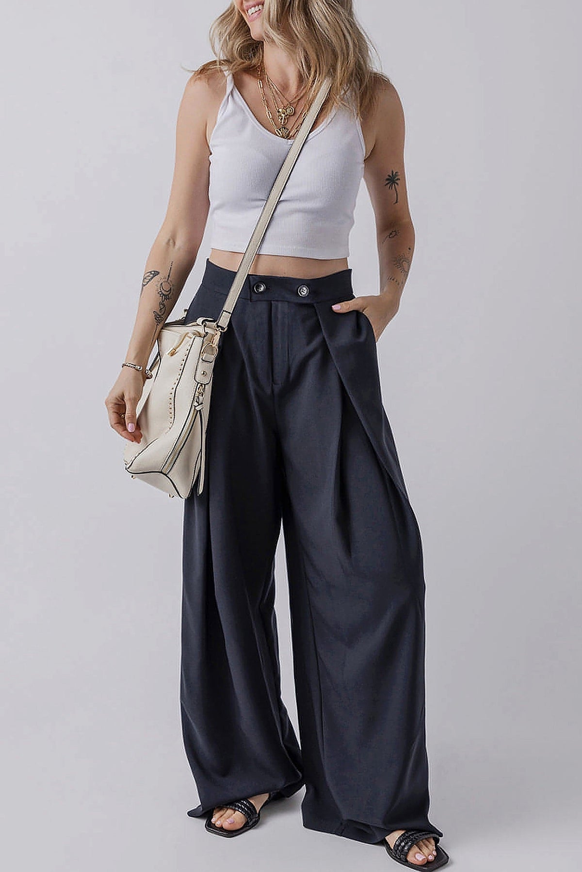 Dirty blue Dual Buttoned High Waist Pleated Wide Leg Pants - enhanced image 11