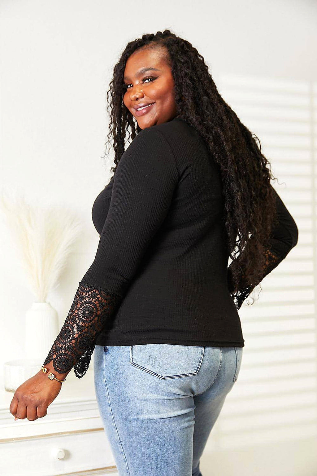 Double Take Crochet Lace Hem Sleeve Button Top - enhanced image 11