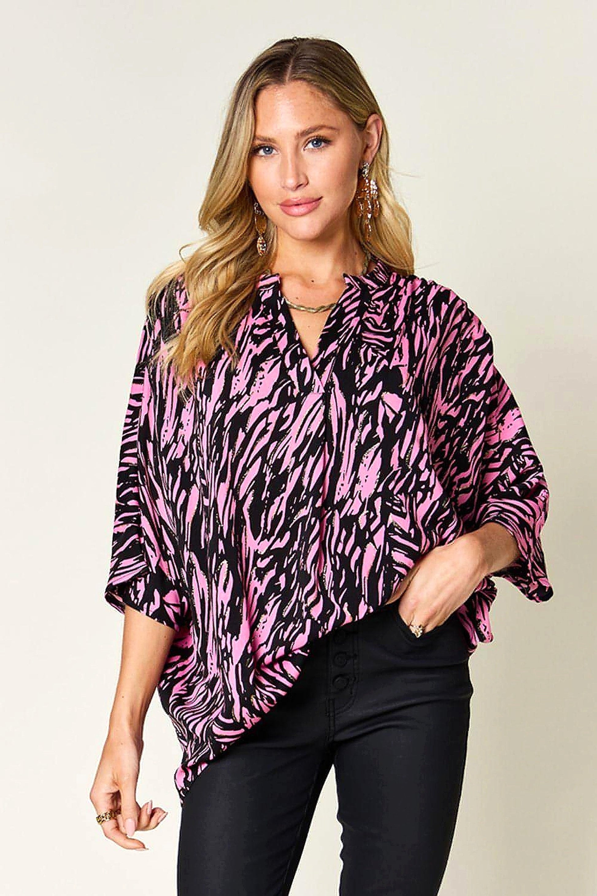 Double Take Full Size Printed Notched Three-Quarter Sleeve Blouse - enhanced image 11