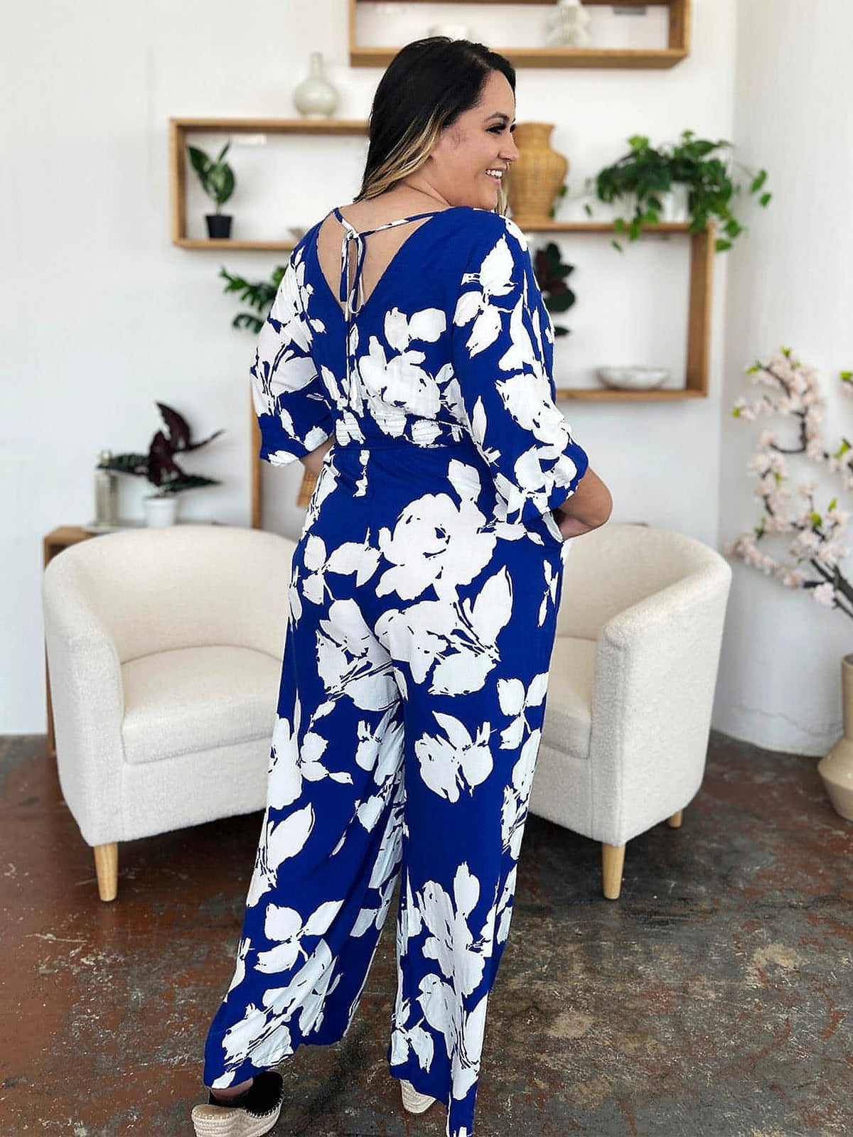 Double Take Full Size Printed Tie Back Wide Leg Jumpsuit - enhanced image 11