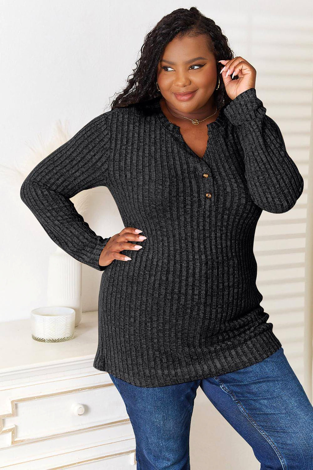 Double Take Notched Neck Ribbed Long Sleeve T-Shirt - enhanced image 11