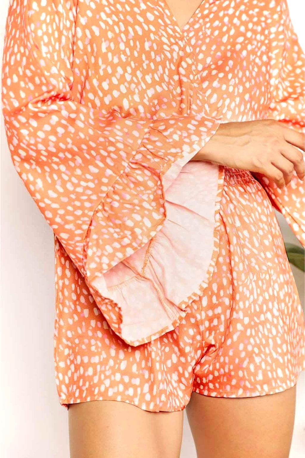 Double Take Printed Flare Sleeve Surplice Romper - enhanced image 11