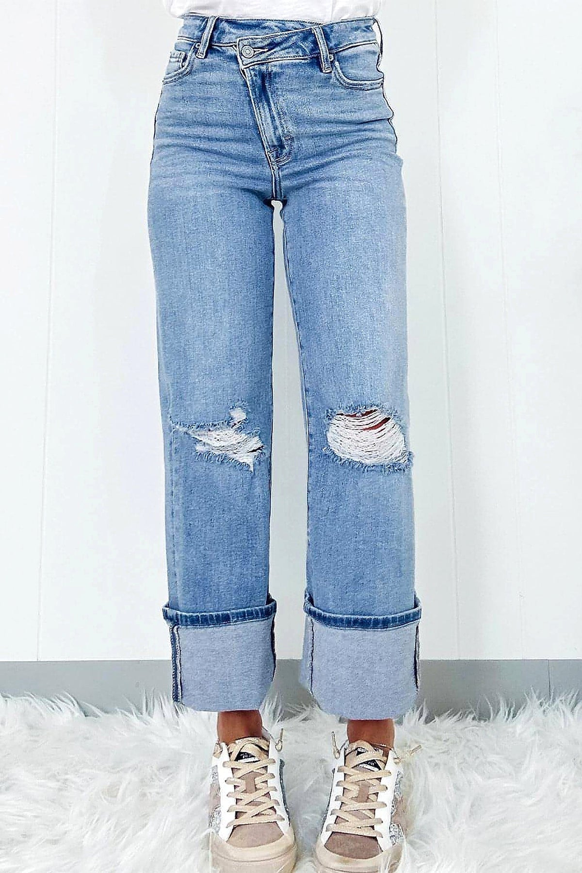 Dusk Blue High Rise Asymmetric Button Zip Fly Ripped Jeans - enhanced image 11