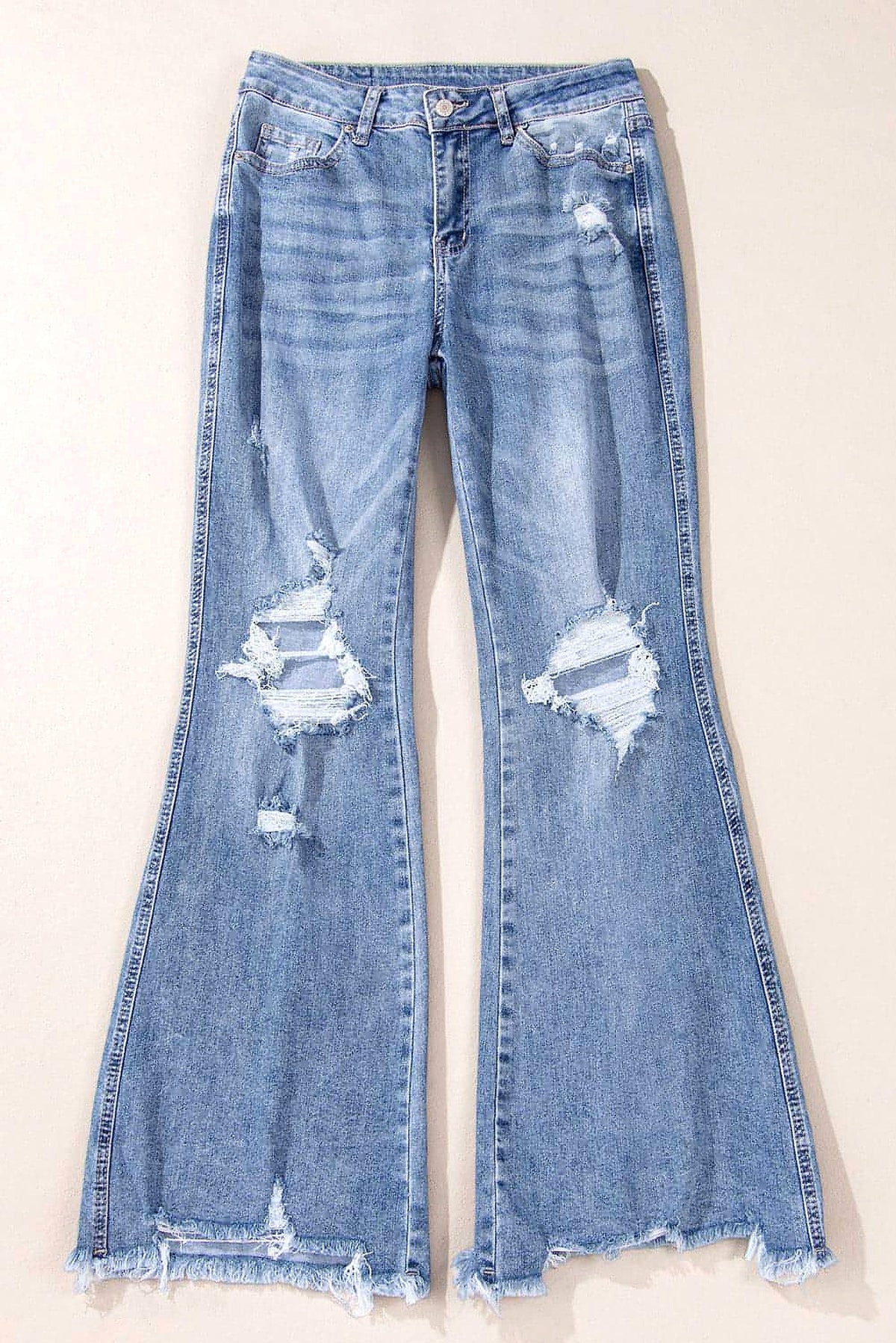 Dusk Blue High Rise Ripped Distressed Hem Flared Jeans - enhanced image 11