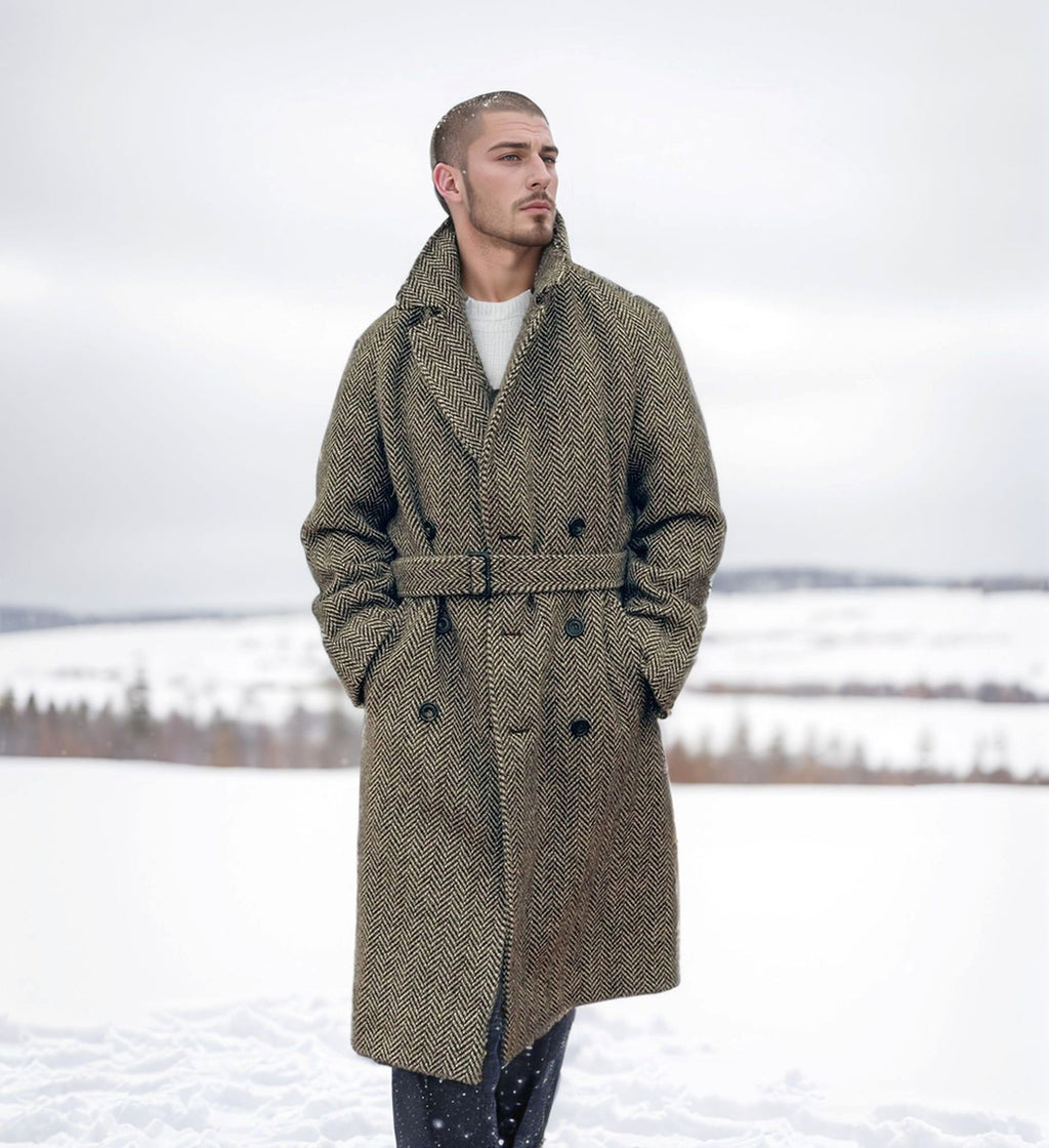 Fall Winter Men Mid-length Woolen Plaid Double Breasted Cotton Padded Thickened Coat - enhanced image 11