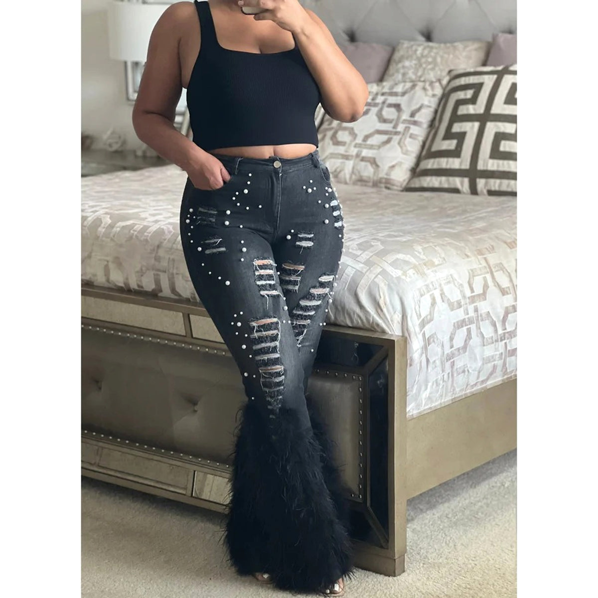 Glam Wool Beaded Jeans – Runway Edition 25 - enhanced image 11