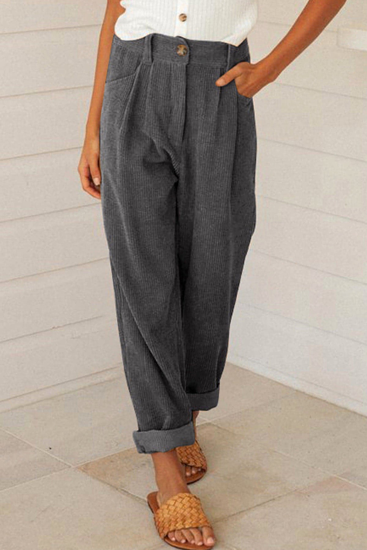 Gray Corduroy High Waist Straight Leg Pants - enhanced image 11