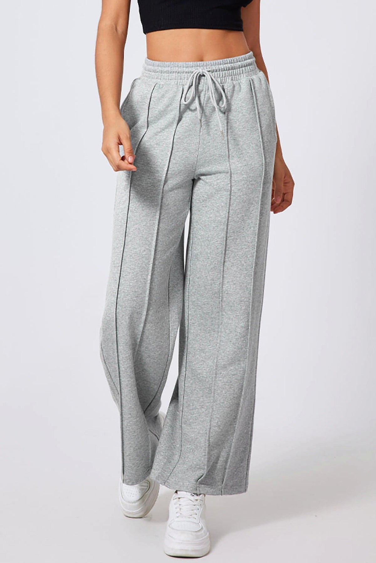 Gray Seamed Drawstring High Waist Wide Leg Sweatpants - enhanced image 11
