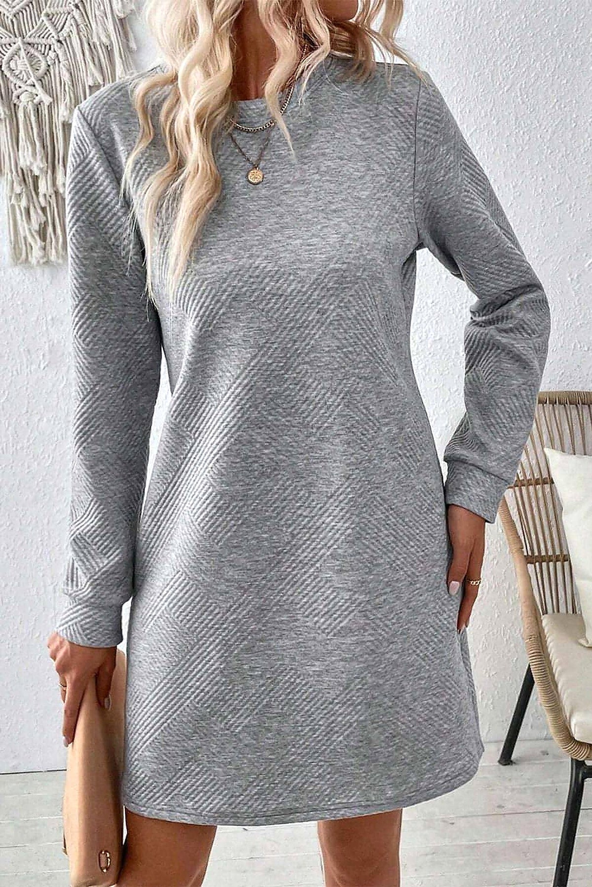 Gray Solid Color Textured Long Sleeve Shift Dress - enhanced image 11